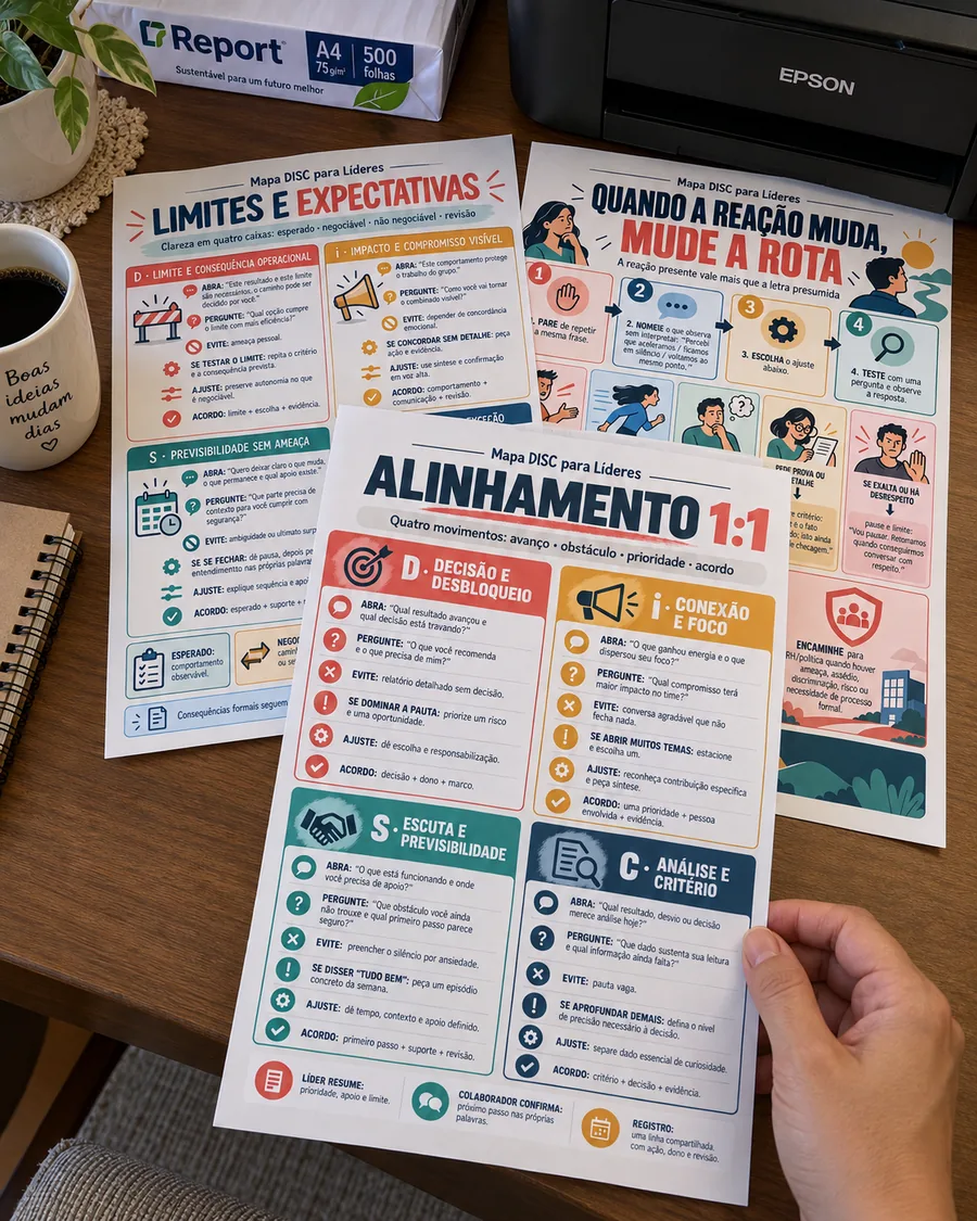 Material impresso do mapa disc para lideres sendo usado de verdade